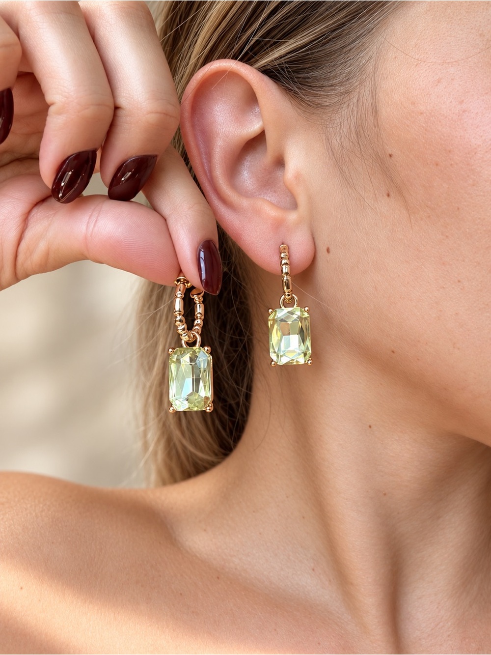 Gold Hoop Drop Earrings with Yellow Emerald-Cut Crystal